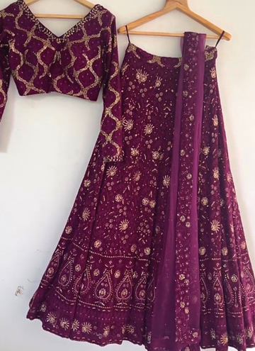 Wine Faux Georgette Thread Sequence Lehenga Choli Set